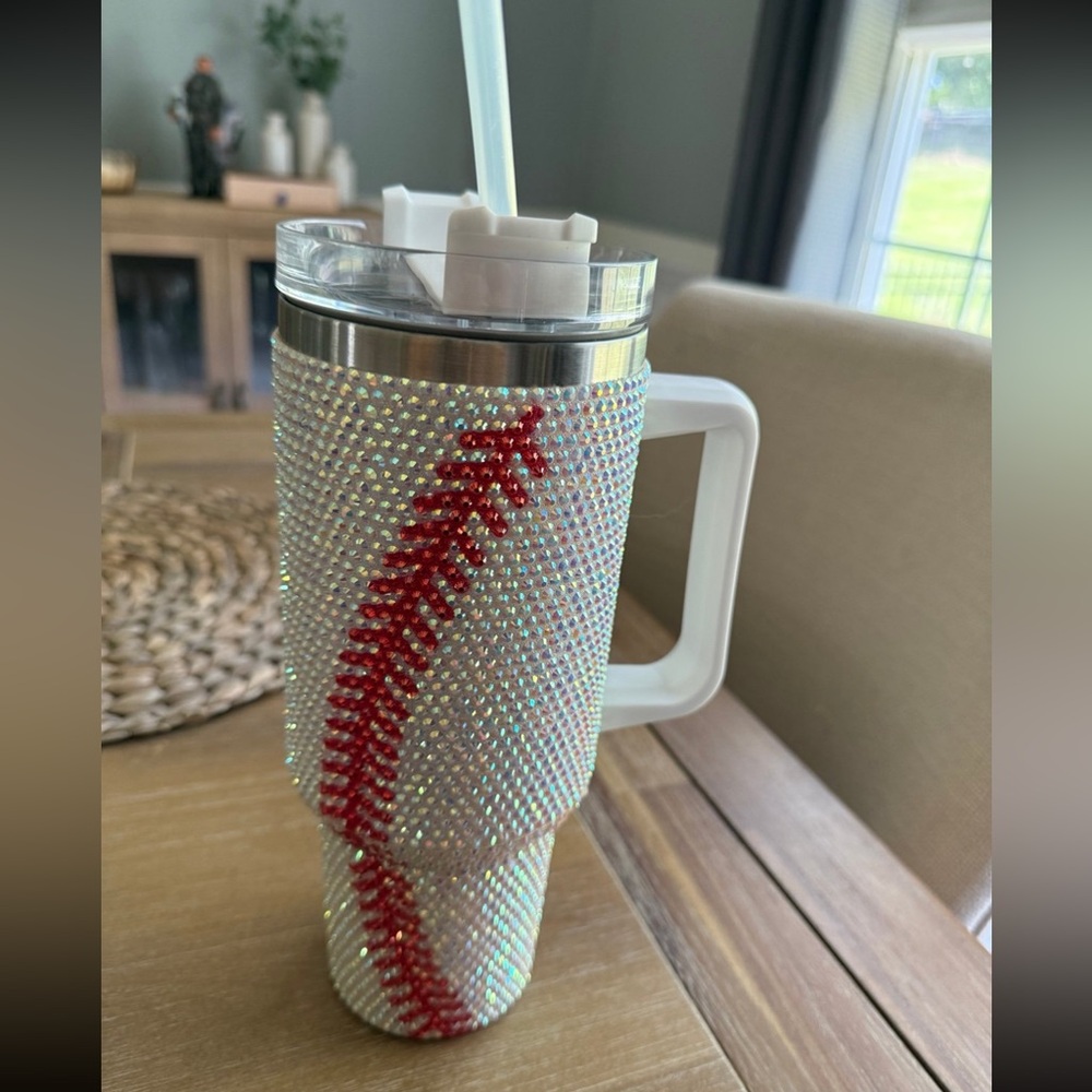 Rhinestone Baseball Tumbler with Straw